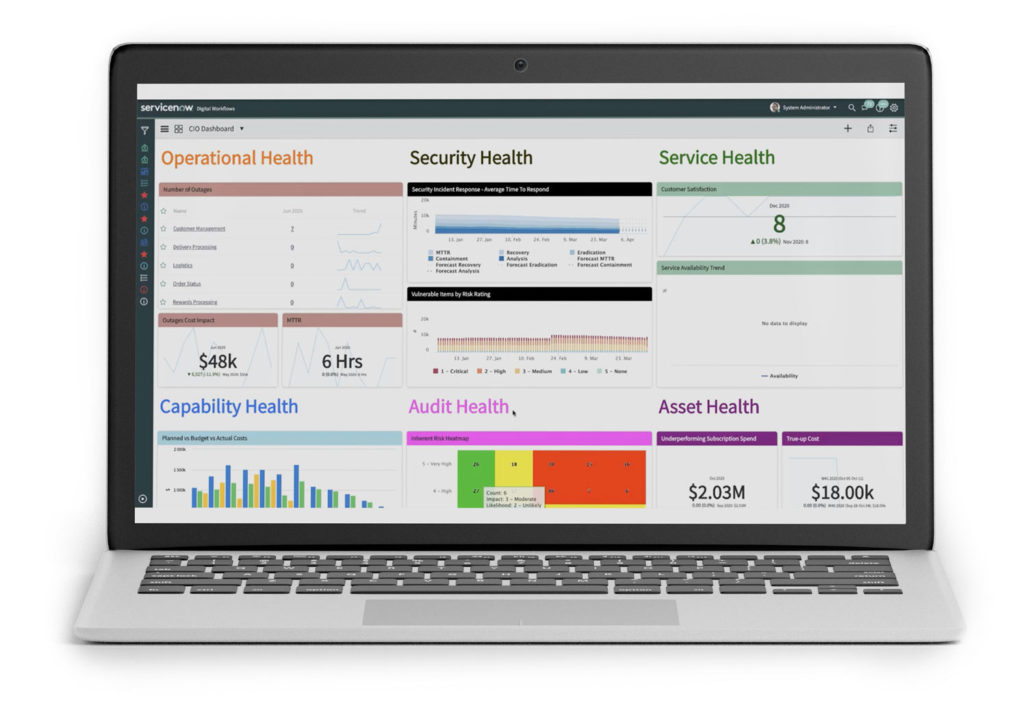 Open laptop with example of ServiceNow CIO dashboard