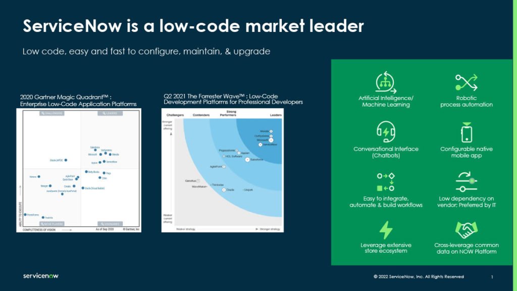 ServiceNow named a low-code market leader in 2020 Gartner Magic Quadrant for Enterprise Low-Code Application Platforms, as well as the Q2 2021 Forrester Wave for Low-Code Development Platforms for Professional Developers. 